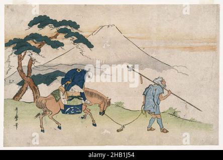 Travels Looking at Mt. Fuji, Kitagawa Utamaro, Japanese, 1753-1806, Color woodblock print on paper, Japan, ca. 1805-1820, Edo Period, 10 1/8 x 15 1/4 in., 25.5 x 38.6 cm, Clouds, Fukei-ga, Horse, Japan, japanese, Landscape, Man, Meisho-e, Mountain, Mt. Fuji, Tree, Ukiyo-e Stock Photo
