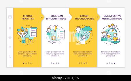 Balanced life tips yellow and orange onboarding template Stock Vector