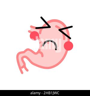 Human stomach with cute face in sick, sad and pain grimace, medical icon on white Stock Vector