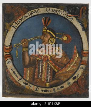 Mayta Capac, Fourth Inca, 1 of 14 Portraits of Inca Kings, Peruvian, Oil on canvas, Peru, mid-18th century, probably, Colonial Period, 23 1/2 x 21 1/2in., 59.7 x 54.6cm, 18th century, armbands, Conquest, earring, earspools, feather, feathers, headdress, hispanic heritage, historical, inca, incan, inscription, king, latin american art, leader, ndsp, painting, peru, peruvian, power, pre-colonial, profile, royalty, ruler, society, spanish american art, Spanish Colonial, staff, textile Stock Photo