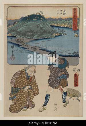 Station 32, Arai: View of the Distant Lake and the Horie Area; Identity Inspection Granny at the Lake, from the series The Fifty-three Stations by Two Brushes, Color woodblock print on paper, Japan, 1855, 4th month, Edo Period, 14 1/4 x 9 7/8 in., 36.2 x 25.1 cm Stock Photo