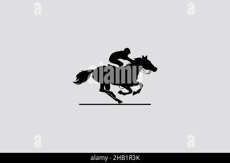 Vector illustration of race horse with jockey. black isolated silhouette on light gray background. Equestrian competition logo. Stock Vector