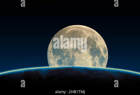 The moon is seen rising over the curvature of the earth in a 3-d ilustration. Stock Photo