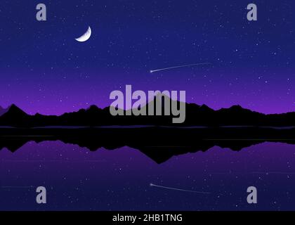 A shooting star meteor or commet is seen with the moon in the sky over a mountain lake at night in this 3-d illustration. Stock Photo