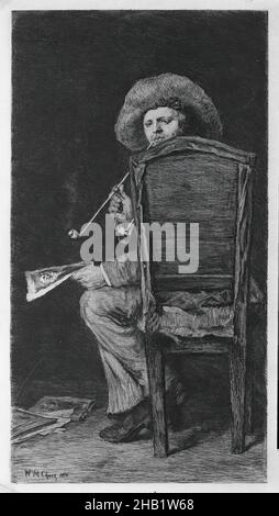 Portrait of a Man Smoking a Pipe, William Merritt Chase, American, 1849-1916, Etching, 1875, chair, smoke Stock Photo