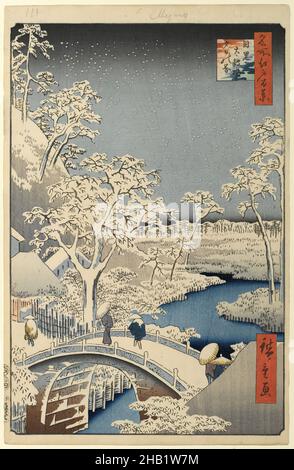 Meguro Drum Bridge and Sunset Hill, No. 111 from One Hundred Famous Views of Edo, Utagawa Hiroshige, Ando, Japanese, 1797-1858, Woodblock print, Japan, 4th month of 1857, Edo Period, Ansei Era, Sheet: 14 3/16 x 9 1/4 in., 36 x 23.5 cm, 19th Century, 4th month of 1857, bridge, calmness, edo, Edo Period, Ansei Era, fauna, flora, harmony, hiroshige, japanese, landscape, meditative, minimal, nature, path, print, print', snow, snowy, tokyo, trees, walking, winter, woodblock, Woodblock print Stock Photo