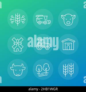 agriculture and farming icons, line vector set Stock Vector