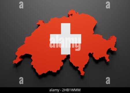 3d rendering of a Switzerland map shape with flag. Black background. Stock Photo