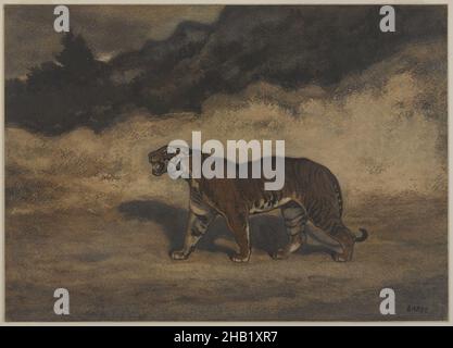 Tiger Walking to the Left, Tigre marchant vers la gauche, Antoine-Louis Barye, French, 1795-1875, Pastel and watercolor on cream-colored wove paper mounted on thin paperboard, France, n.d., 10 3/8 x 14 9/16 in., 26.4 x 37 cm, Animal, Barye, European, French, growl, Landscape, pastel, prowl, sand, shadow, sky, stride, stripes, tiger, watercolor, yellow Stock Photo
