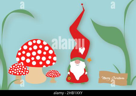 cute cartoon gnome wishes merry christmas. Scandinavian Nordic Santa Claus Elf in the woodland, vector isolated on blue background. Xmas elements for Stock Vector