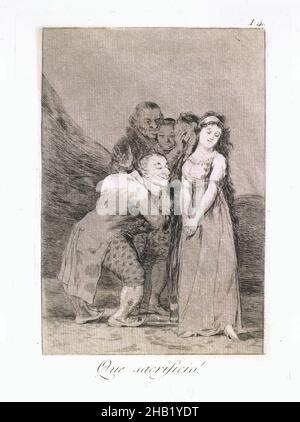 What a Sacrifice!, Que sacrificio!, Los Caprichos, Plate 14, Francisco de Goya y Lucientes, Spanish, 1746-1828, Etching, aquatint, and drypoint on laid paper, Spain, 1797-1798, Sheet: 11 7/8 x 7 7/8 in., 30.2 x 20 cm, beauty, creepy, goya, lecherous, male gaze, mean, old men, print, satire, spanish, virginal, woman, young woman Stock Photo