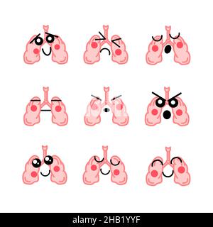 Set of bright human lungs with cute faces, medical icons on white Stock Vector