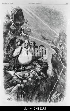 A Group of Vultures Waiting for the Storm to 'Blow Over' - 'Let Us Prey', Thomas Nast, American, 1840-1902, Wood engraving on newsprint paper, 1871, Image: 13 11/16 x 11 1/4 in., 34.8 x 28.5 cm Stock Photo
