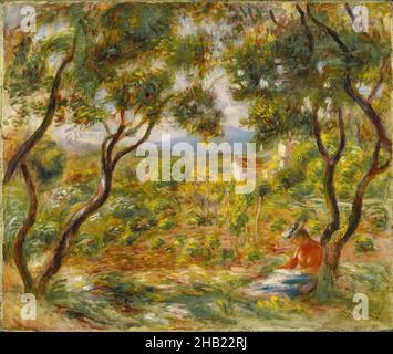 The Vineyards at Cagnes, Les Vignes à Cagnes, Pierre-Auguste Renoir, French, 1841-1919, Oil on canvas, France, 1908, 18 1/4 x 21 3/4 in., 46.4 x 55.2 cm, 1800s, 19th century, blur, Cagnes, countryside, european, field, food and drink, French, French art, French Countryside, French Landscape Paintings, French oil, French Painting, grapes, green, hat, Impression, Impressionism, impressionist, Landscape, Landscape Paintings, le vin, leisure, les raisins, light, masters, nature, ndd12, oil painting, oils, outdoors, painterly, painting, reading, red, red shirt, relaxation, Renoir, rural, seated Stock Photo