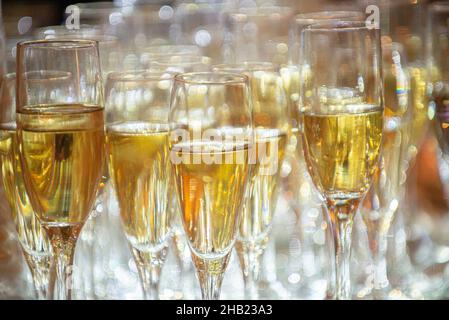 Champagne filled glasses  lined up ready to serve at wedding reception Stock Photo