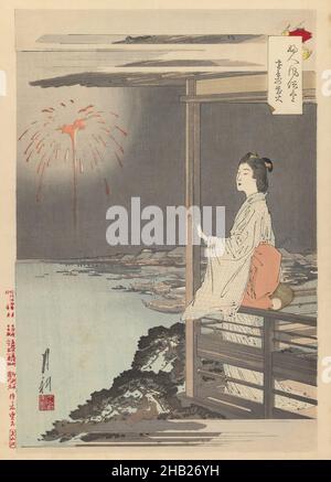 Fireworks in the Distance, from the series An Assortment of Women's Customs, From the series: Fujin Fuzako Zukushi, 'Women's Customs and Manners', Ogata Gekko, Japanese, 1859-1920, Color woodblock print on paper, Japan, 1891-1892, Meiji Period, 14 1/2 x 10 in., 36.8 x 25.4 cm, etiquette, fireworks, kimono, lady, Society, viewing, women Stock Photo