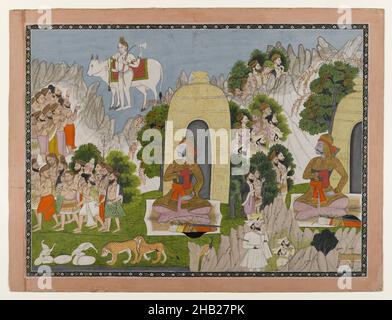 Arjuna's Penance, Scene from a Mahabharata Series, Indian, Opaque watercolor and gold on paper, Punjab Hills, India, ca. 1825-1840, sheet: 15 7/16 x 20 1/2 in., 39.2 x 52.1 cm, Arjuna, Bow, Coexistence, Foliage, Gold, Hilt, Kangra, Leopard, Meditation, Mountains, Nandi, Paper, Peaceful, Peacock, Pilgrims, Punjab Hills, Scabbard, Shiva, Shivalingam, Sword, Temple, Tiger, Watercolor Stock Photo