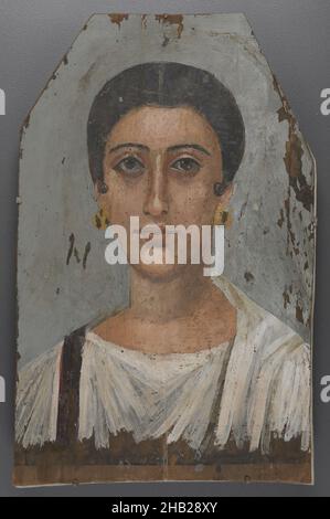 Noblewoman, Encaustic on wood, Egypt, ca. 150 C.E., Roman Period, 17 5/16 x 11 5/16 x 1/8 in., 44 x 28.7 x 0.3 cm, earrings, Egyptian, Encaustic, Encaustic on wood, fayoum portrait, Fayum Portrait, female, funerary, Mummy Portrait, nobility, part, portrait, Roman, woman Stock Photo