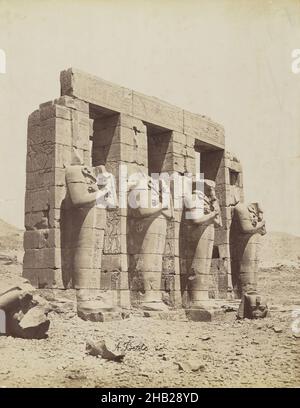 Ramesseum, Thebes, View of the southeast of the Second Court, Albumen silver photograph, late 19th century, image/sheet: 7 3/4 x 10 1/4 in., 19.7 x 26 cm, 19th Century, 19th Dynasty, Albumen Silver Photograph, Antonio Beato, Architecture, Black and White, Deity, Egypt, Mortuary Temple, New Kingdom, Osirid Statues, Osiris, Ramesses II, Ramesseum, Royal, ruins, statues, Theban Necropolis, Thebes Stock Photo