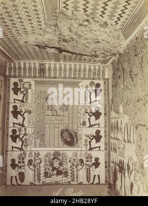 Tomb of Nakht at Thebes, View of painted wall and ceiling from tomb, Albumen silver photograph, late 19th century, image/sheet: 7 3/4 x 10 1/4 in., 19.7 x 26 cm, 18th Dynasty, 19th Century, Albumen silver photograph, Antonio Beato, Astronomer of Amun, Black and white, Egypt, Egyptian, False Door, Interior, Luxor, New Kingdom, Offering scene, Scribe, Theban Tomb No. 52, Thebes, Tomb of Nakht, Wall painting, wall paintings Stock Photo
