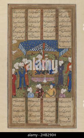 Folio from a 'Shahnameh': A King and a Visitor with Attendants, Ink and opaque watercolor on paper, late 15th-early 16th century, Safavid, Turkman, 9 1/2 x 5 7/16in., 24.1 x 13.8cm, calligraphy, court, Iran, Middle Eastern, Persia, royals, ruler Stock Photo