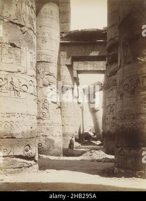 Karnak Interieur de la Salle, Antonio Beato, Italian and British, ca. 1825-ca.1903, Albumen silver photograph, 19th century, image/sheet: 10 7/16 x 8 in., 26.5 x 20.3 cm, 19th Century, 19th Dynasty, Albumen Silver Photograph, Amon-Re, Antonio Beato, Architecture, Black and White, Columns, Deity, Egypt, Great Hypostyle Hall, Hieroglyphs, New Kingdom, Precinct of Amon-Re, Ramesses II, Religious, Seti I, Temple of Karnak Stock Photo