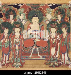 Amit'a, Amitabha with Six Bodhisattvas and Two Arhats, Ink and colors on silk, Korea, 19th century, Joseon Dynasty, 31 3/4 x 35 1/4 in., 80.6 x 89.5 cm, 18th century, 19th Century, 19thC, Amit'a, Arhats, Asian Art, bodhisattvas, Buddhism, Choson, color, Confucianism, Guardians, hanging scroll, ink, Joseon, Korea, Korean, painting, Prayer, Robes, silk Stock Photo