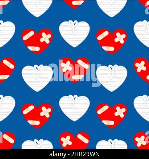Sick heart with bandages pattern seamless. Wounded heart with plaster background Stock Vector