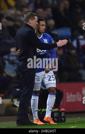 Birmingham City manager Gary Monk speaks with Birmingham City's Josh Dacres-Cogley Stock Photo