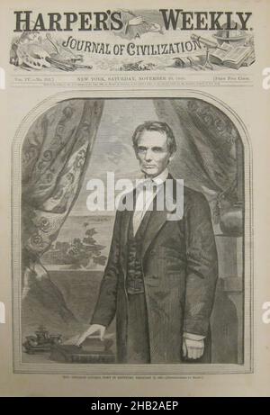 Hon. Abraham Lincoln, born in Kentucky, February 12, 1809, Winslow Homer, American, 1836-1910, Wood engraving, 1860, Illustration: 8 1/2 x 5 3/4 in., 21.8 x 14.8 cm, government, history, honest Abe, leader, politician, President, statesman Stock Photo
