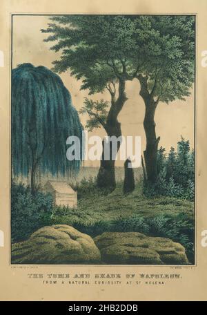 The Tomb and Shade of Napoleon, from a curiosity at St. Helena, Nathaniel Currier, American, 1813-1888, Lithograph, Sheet: 13 1/2 x 9 5/16 in., 34.3 x 23.7 cm, Bonaparte, boulders, emperor, exile, grave, island, landscape, memorial, RIP, trees Stock Photo