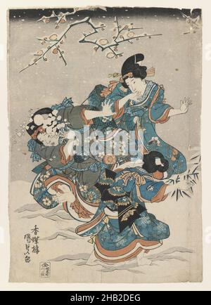 Women and Children Playing in Snow, Utagawa Kunisada, Toyokuni III, Japanese, 1786-1865, Color woodblock print on paper, Japan, 1830-1839, 9 13/16 x 14 in., 25.0 x 35.5 cm, Edo Period, Fun, Japan, Japanese, Kimono, Snow, Snowball, WInter, Women Stock Photo