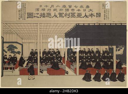 Reception for Commodore Perry by Japanese Noblemen, Color woodblock print, Japan, ca. 1887, Meiji Period, 14 x 20 3/8 in., 35.6 x 51.8 cm Stock Photo