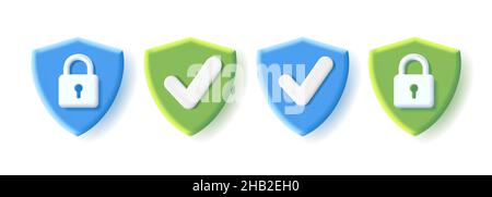 Set of security icons with 3d shield shape with tick sign and padlock on green and blue backdrops, isolated volume graphic Stock Vector