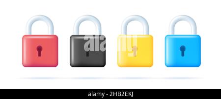 Padlock 3d icons set, colorful locks iconsin different color, isolated digital Stock Vector
