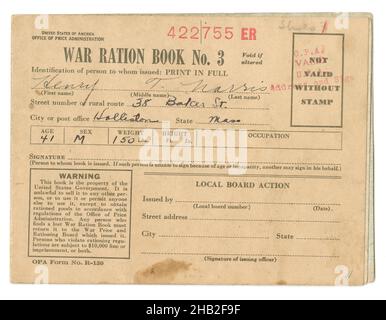 Antique 1943 War Ration Book No. 3, form R-130 from the Office of Price Administration of the United States government. SOURCE: ORIGINAL BOOK Stock Photo