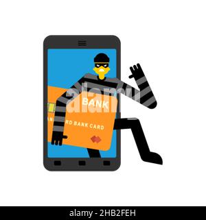 Online theft of money. Thief steals money from gadget. Internet stealing Bank card. Burglar and smartphone Stock Vector