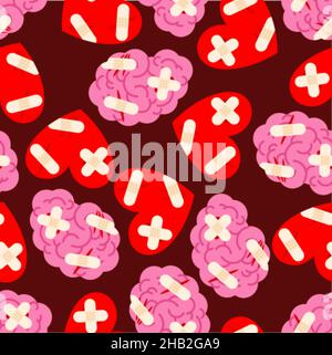 Sick brain and heart with bandages pattern seamless. Wounded brains with plaster background Stock Vector