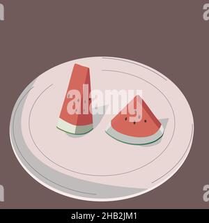 Two slices of white, tasty watermelon on a light plate. Vector flat Stock Vector