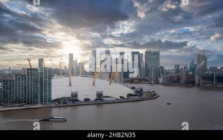 View from the river Thames over Millennium dome or O2 Arena in London. Stock Photo