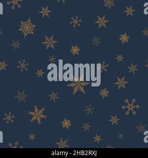 Christmas winter seamless pattern with golden snowflakes on dark blue background theme. Stock Vector