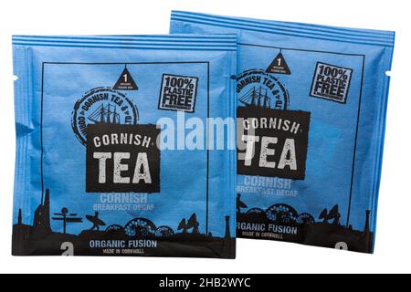 Cornish Tea Breakfast Decaf teabags tea bags isolated on white background - 100% plastic free & biodegradable organic fusion made in Cornwall UK Stock Photo