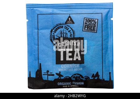 Cornish Tea Breakfast Decaf teabag tea bag isolated on white background - 100% plastic free & biodegradable organic fusion made in Cornwall UK Stock Photo