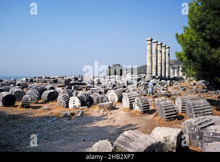 Archaeological site ruins of Ancient Greek city Priene, Turkey, 1997 - Temple of Athena Stock Photo