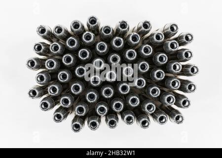 Macro wide angle view of 38 caliber hollow point bullets with white background. Stock Photo