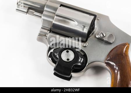 Trigger lock on 38 caliber revolver hand gun. Stock Photo