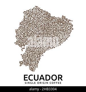 Shape of Ecuador map made of scattered coffee beans, country name below Stock Vector
