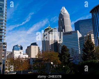 Charlotte downtown skyline from Romare Bearden park. Taken in Charlotte, NC. November 29.2021. Stock Photo