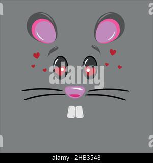 Vector illustration of a falling in love mouse with cute face on gray background. Cartoon of a mouse with mustaches and hearts Stock Vector