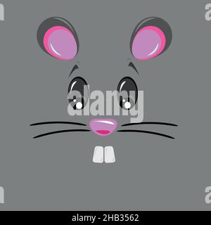 Vector illustration of a little mouse with cute face on gray background. Cartoon of a mouse with mustaches Stock Vector